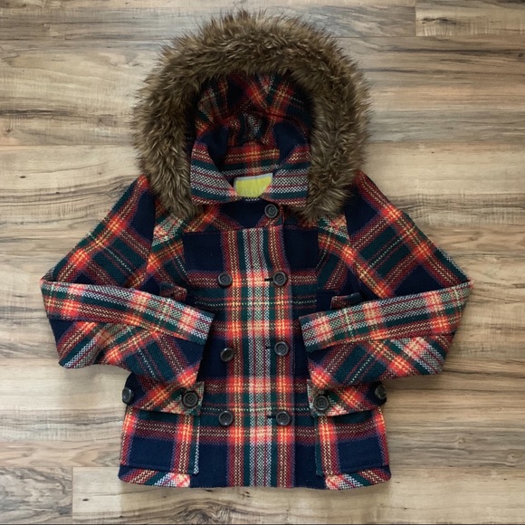 dELiA*s Jackets & Blazers - Delias Limited Collection Plaid Pea Coat Faux Fur